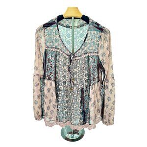 Knox Rose Boho Paisley Peasant Patchwork Blouse W/ Crochet hem, flowy fit, Sz S.